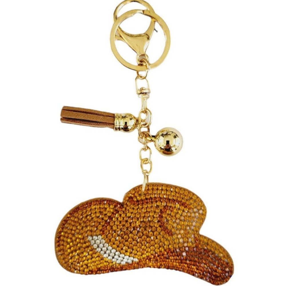 Puffy cowboy hat rhinestone tassel keychain purse charm